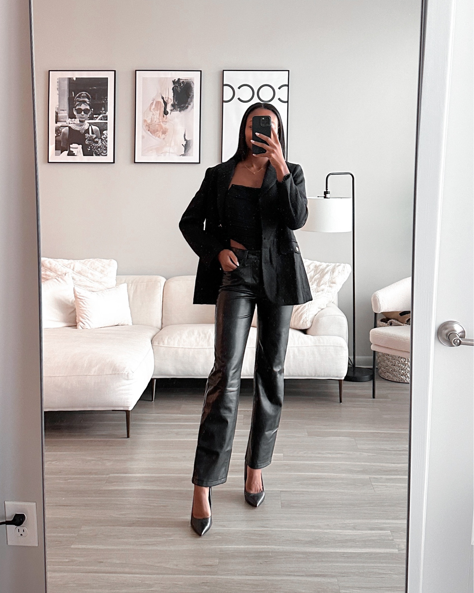 Black blazer (wearing a small), vegan leather 90s straight pants, Abercrombie leather pants (wearing a 25), black corset top (wearing a small), black pointed toe pumps, date night outfit, Amazon top 

#LTKstyletip #LTKshoecrush #LTKSeasonal