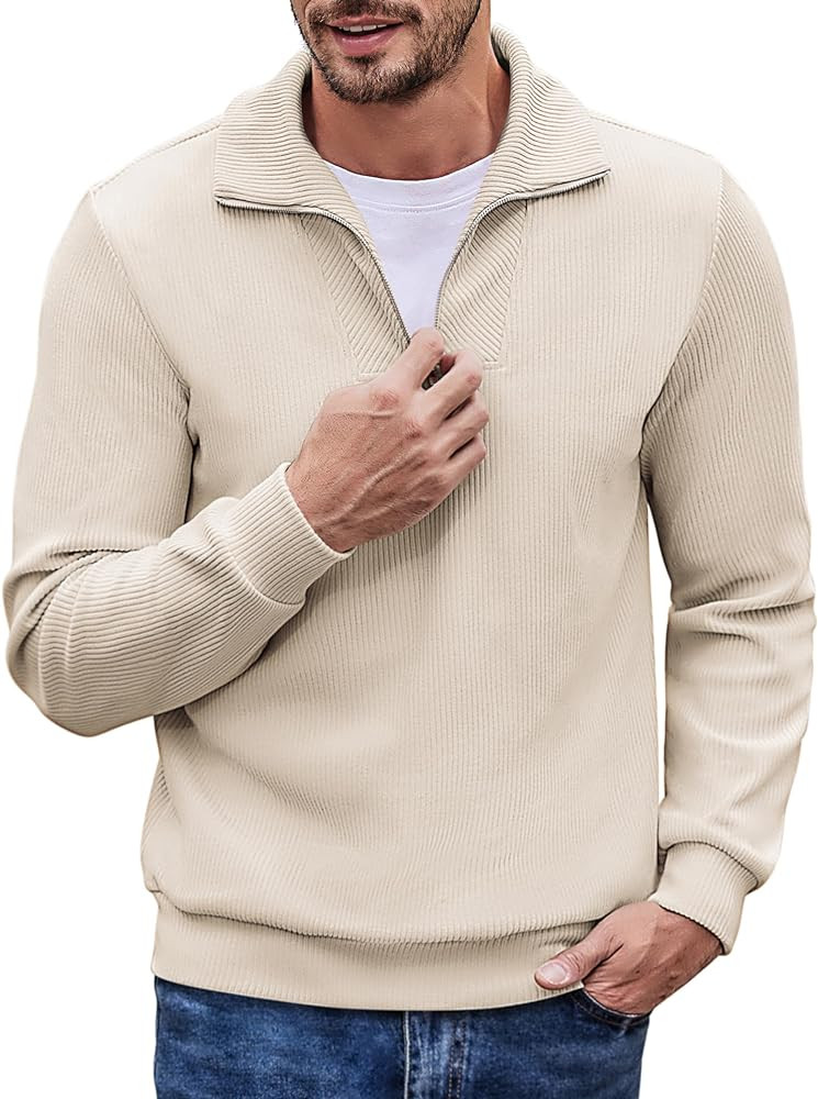 COOFANDY Men's Quarter Zip Up Pullover Mock Neck Long Sleeve Sweater Casual Corduroy Polo Sweatsh... | Amazon (US)