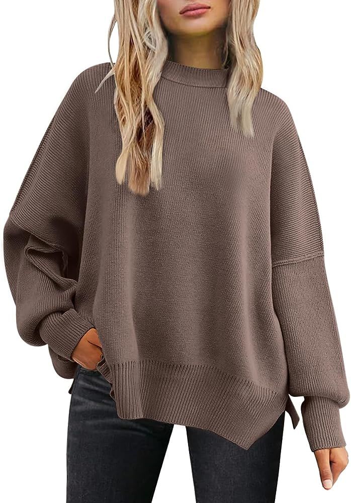 Women's Crewneck Batwing Long Sleeve Sweater 2023 Fall Oversized Ribbed Knit Side Slit Pullover T... | Amazon (US)