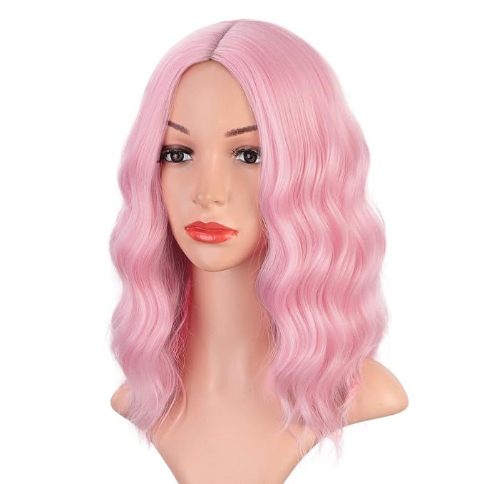 Earfodo Light Pink Wig For Women Short Curly Wavy Bob Wig 14 Inch Shoulder Length Middle Part Sho... | Amazon (US)