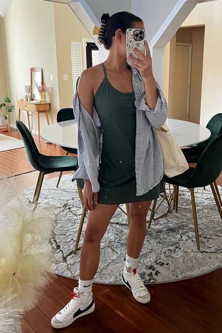 Outdoor voices exercise dress with striped button down and high top sneakers from Nike // Nike blazers, errands outfit, casual summer outfit, transitional style, transitional outfit, meir, ameirylife 

#LTKSeasonal #LTKstyletip #LTKshoecrush