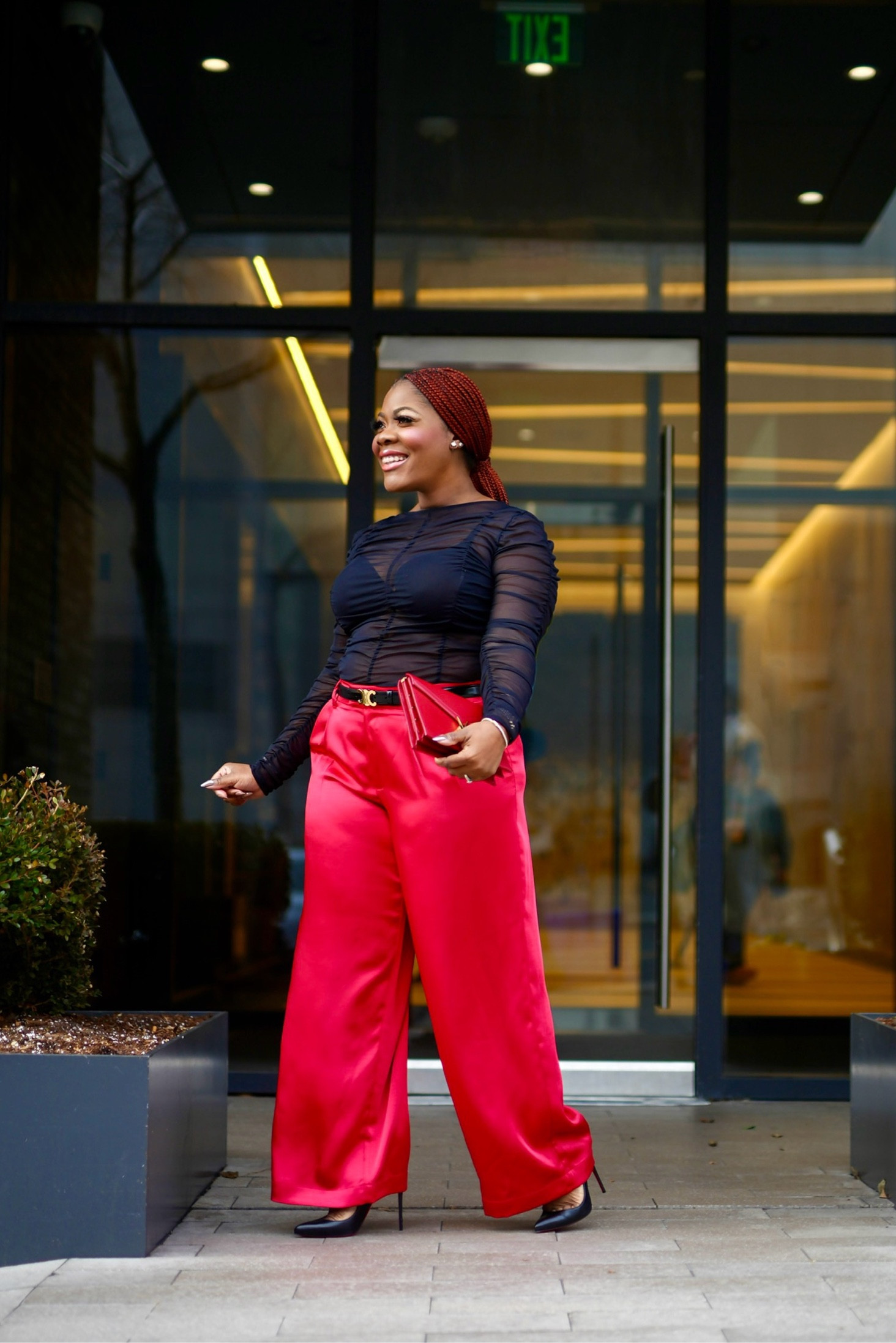 Valentine’s Day outfit idea, date night look, red pants , satin pants, red pants , black sheer top , mid size style ; mid size outfit 

#LTKstyletip #LTKmidsize #LTKSeasonal