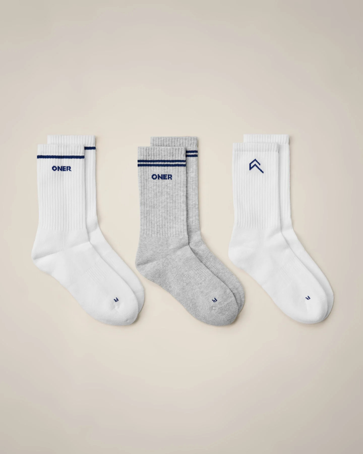 Varsity Stripe Crew Socks 3 Pack 
 White/Gray | Oner Active (UK / US)