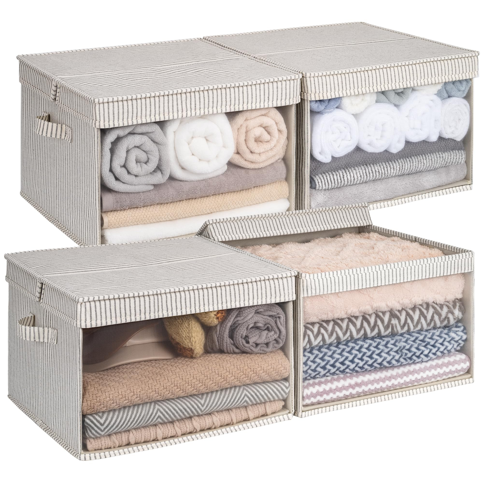 StorageWorks Fabric Storage Bins, Basket with Lid, Collapsible Container with Clear Window, Decorative Closet Organizers, Gray and White Stripes, Jumbo, 4-Pack | Amazon (US)