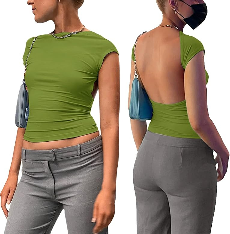 ForeFair Women Sexy Backless Short Sleeve Slim Fit Crewneck Summer Casual Y2K Crop Tee | Amazon (US)