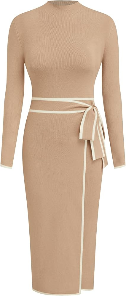 CIDER Sweater Dress for Women Long Sleeve Dress Mock Turtleneck Bow Tie Midi Work Dresses Old Mon... | Amazon (US)