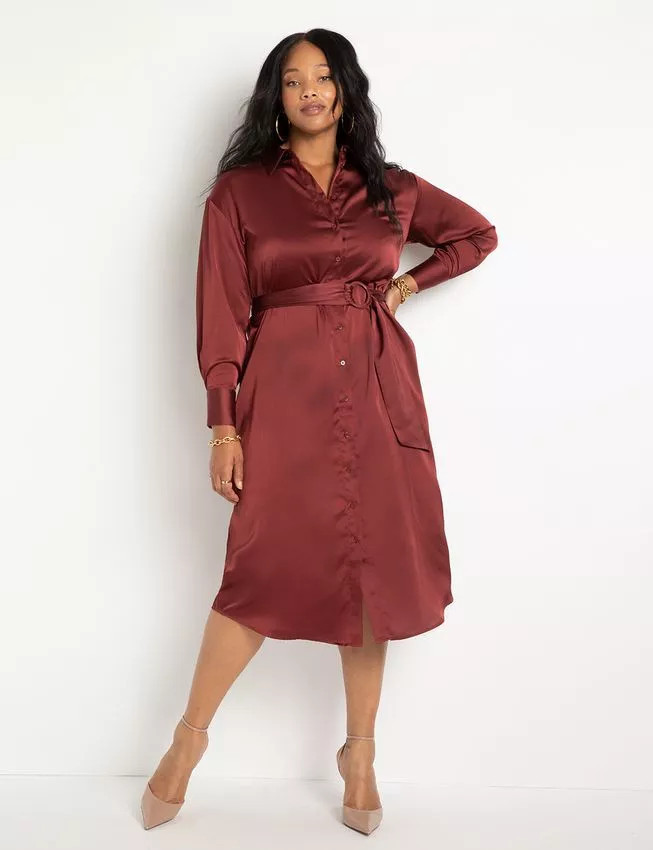 Satin Button Down Maxi Shirtdress | Eloquii