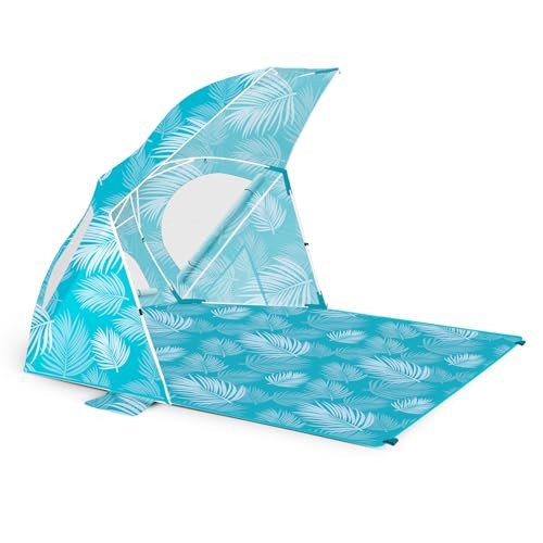 OutdoorMaster Update Pop Up Beach Umbrella, Portable Beach Tent Shelter, Beach Shade Sun Canopy with UPF 50+ UV Protection, Extendable Floor with Carrying Bag - Blue Feathers | Amazon (US)