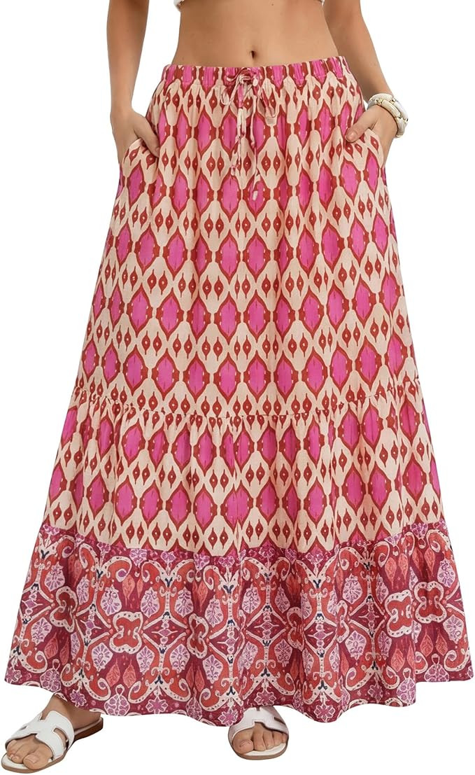 Kate Kasin Women Summer Boho Maxi Skirt, Floral Flowy Long Skirts, Trendy Beach Vacation Outfit w... | Amazon (US)