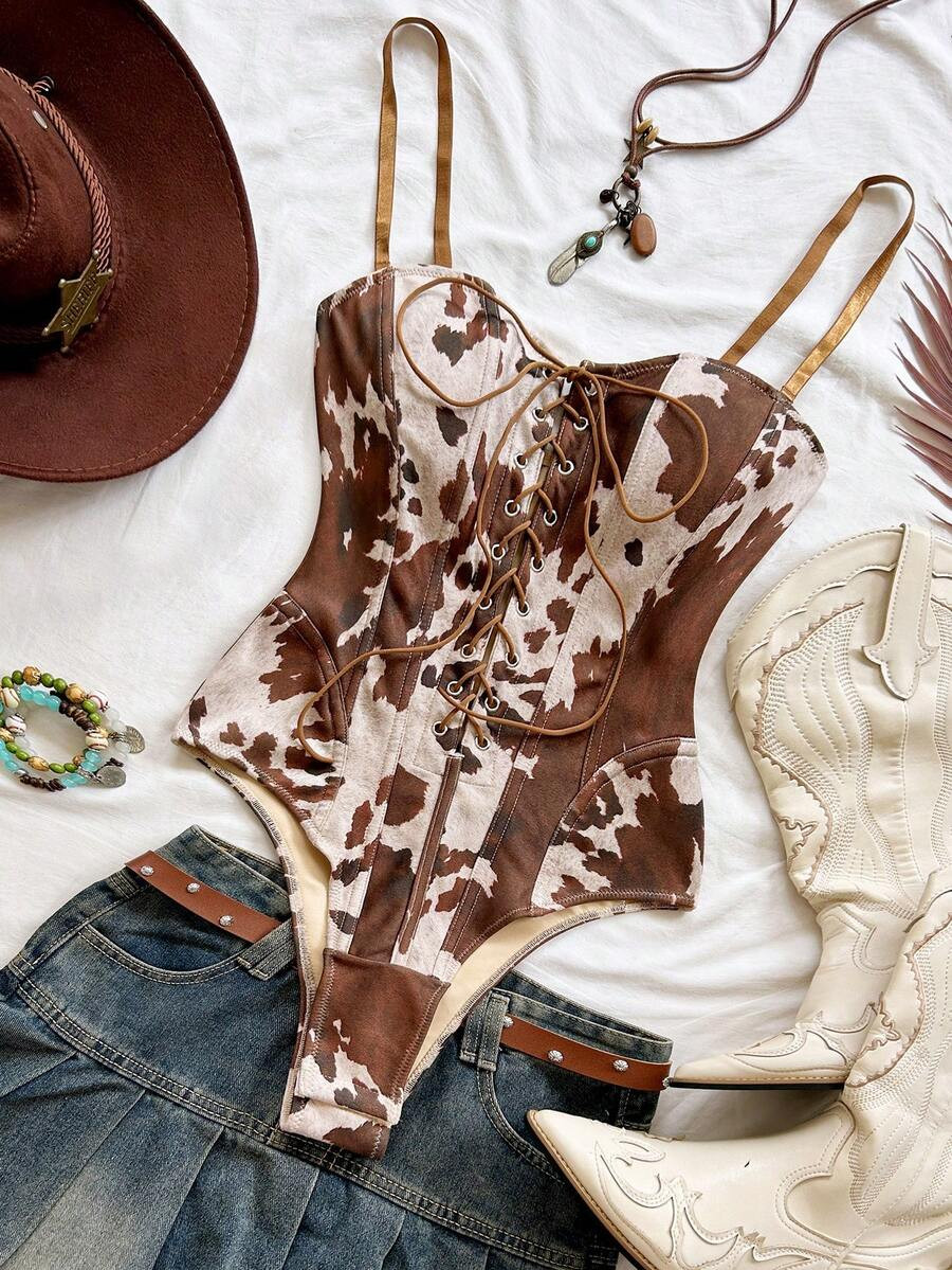 Soleia White Animal Print Cow Print Elastic Suede Fabric Bodysuit,Western Music Festival Boho Cas... | SHEIN
