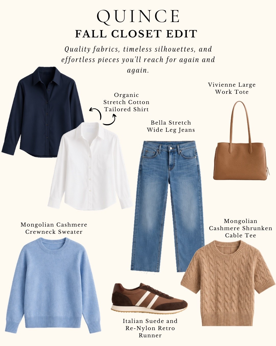 Building a fall wardrobe around timeless, easy-to-wear staples from @Quince  🍂 

I love the mix of crisp tailored shirts, wide-leg denim, cozy Mongolian cashmere, a classic work tote, and retro sneakers. Elevated essentials that look polished without feeling fussy—and pieces you can mix, match, and wear on repeat all season long.

First-time Quince shoppers can take 10% off with code
INFG-25GWENLIVESWELL10

#quince #fallstyles #cashmere #falledit

#LTKootd #LTKSeasonal #LTKOver40