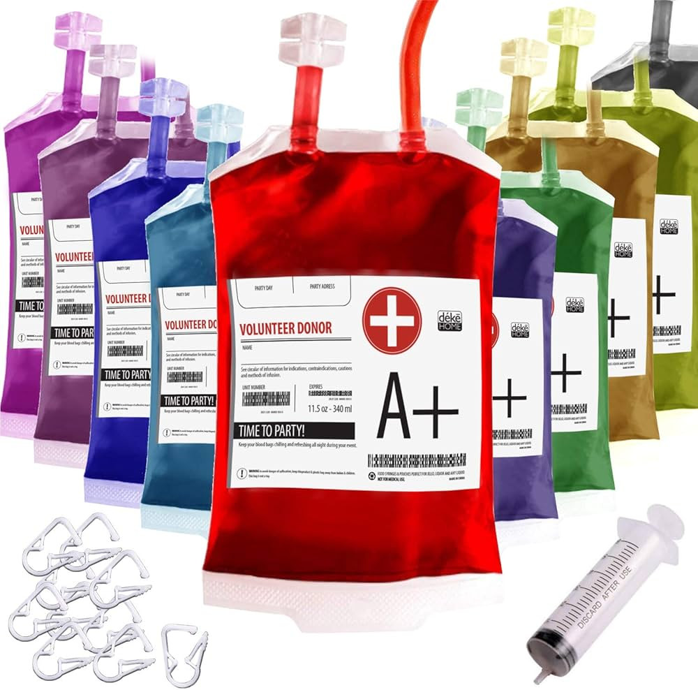 Blood Bag drinking. Set of 10 fake iv Blood Bags for Drinks, 11.5Oz, with Extra Syringe Set of 10... | Amazon (US)