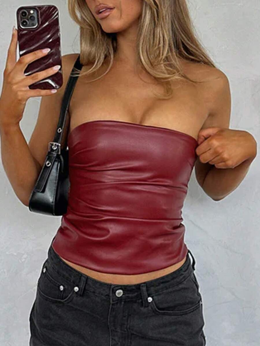 Siren Gaze New Year&Valentine's Women's Burgundy Leather Top Fashionable Ruched Asymmetric Hem Tu... | SHEIN