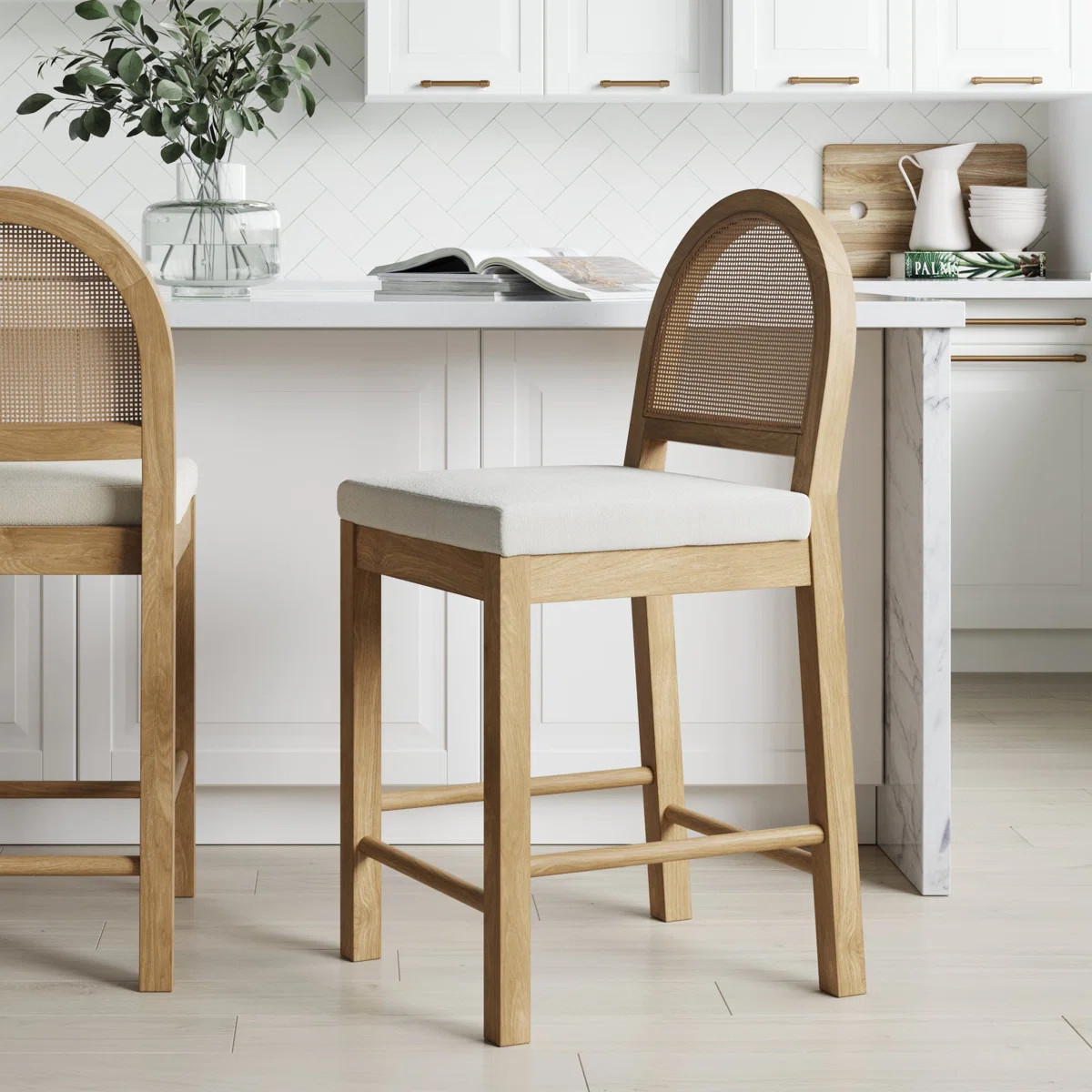 Boucle Upholstered Bar Stool with Woven Rattan Backrest | Wayfair North America