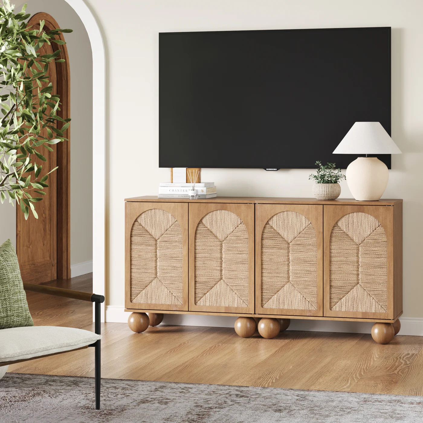 Seagrass Arched TV Console Credenza Light Brown (Set of 2) | Nathan James