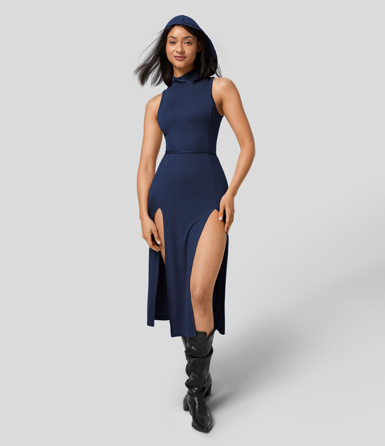 Women’s Ribbed Hooded High Neck Sleeveless Cut Out Tie Back Split 2-Piece Midi Casual Dress - H... | HALARA