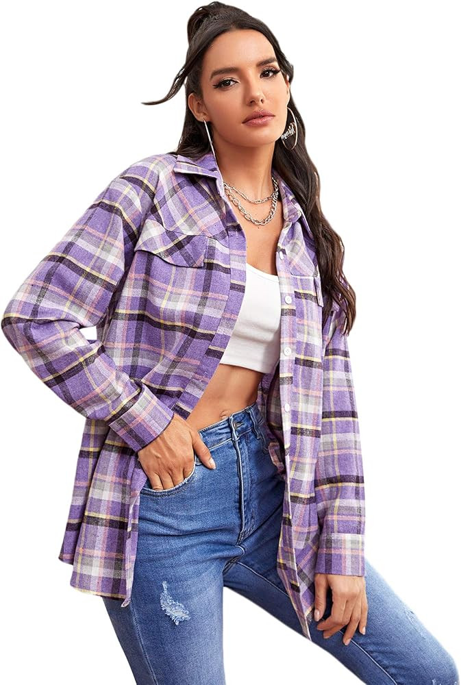 SweatyRocks Women's Long Sleeve Collar Long Button Down Plaid Shirt Blouse Tops | Amazon (US)