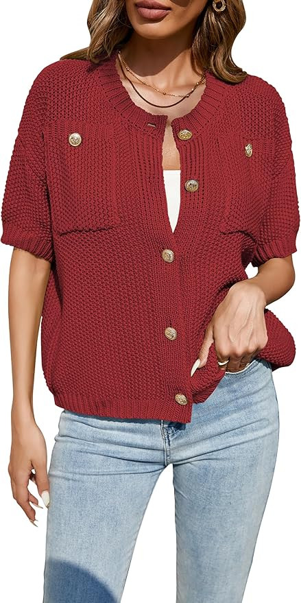 Cakulo Womens Short Sleeve Sweater Vest Button Down Cardigans Chunky Knit Sweaters Tops | Amazon (US)