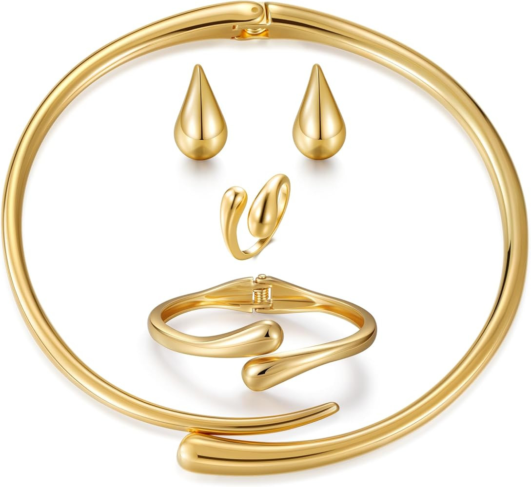 4 Pcs Statement Jewelry Set for Women – 18K Gold Plated Teardrop Necklace, Gold Drop Earrings, ... | Amazon (US)