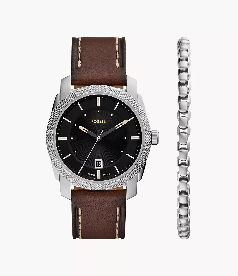 Machine Three-Hand Date Brown Leather Watch and Bracelet Set | Fossil (US)