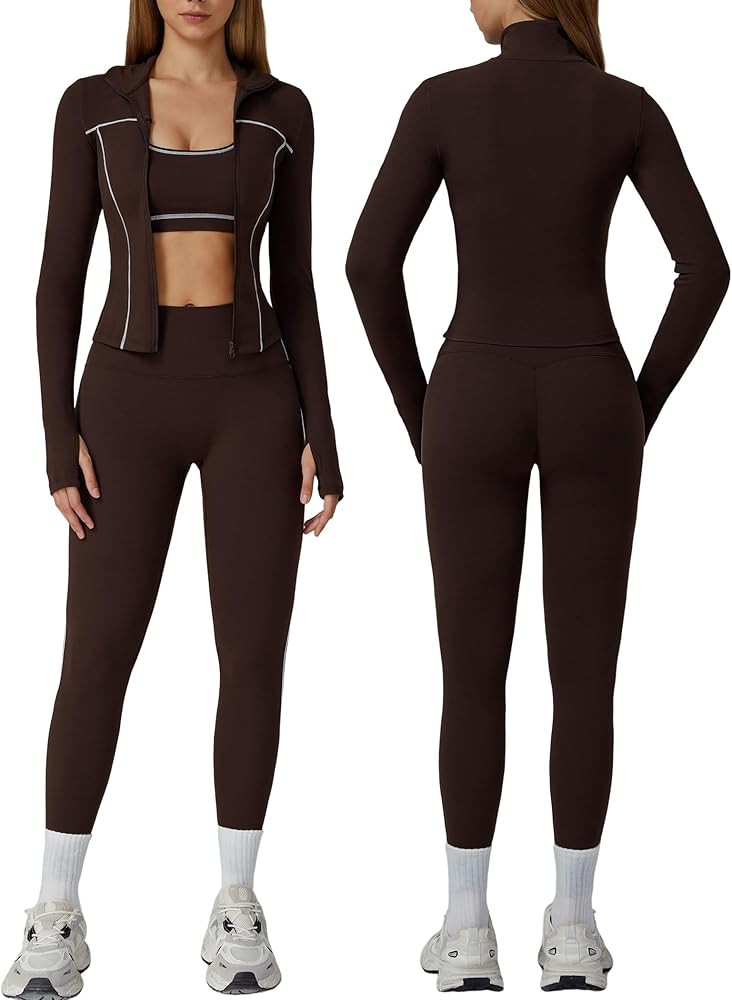 ABOCIW 3 Piece Workout Sets for Women Zip Up Jacket Racerback Sports Bra High Waist Leggings Gym ... | Amazon (US)
