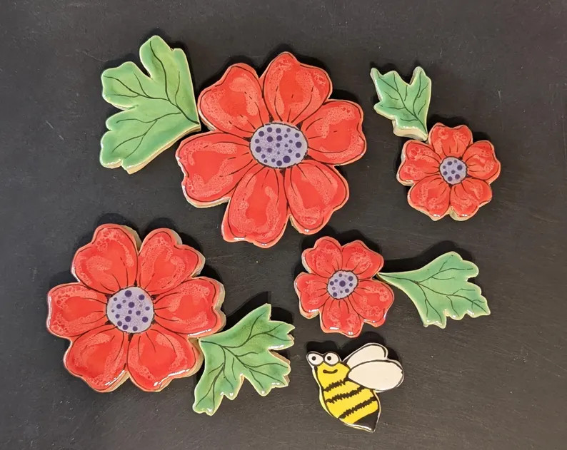 Handmade Ceramic Mosaic Tile: Coral Pink Flowers, 9 Pc Set - Etsy | Etsy (US)