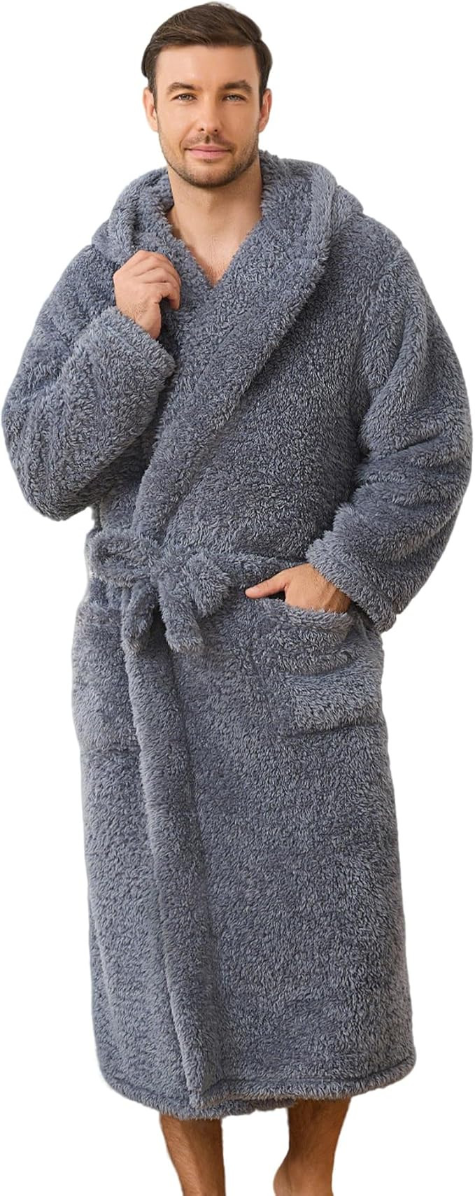 U2SKIIN Men Plush Fleece Hooded Robe, Soft Warm Long Bathrobe with Pockets, Cozy Shower Robe for ... | Amazon (US)