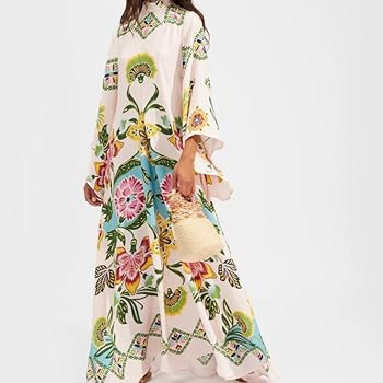 Summer Ethnic Printed Maxi Dress for Women Tie Up 3/4 Sleeve Long Flowy Bohemian Beach Party Dres... | Amazon (US)