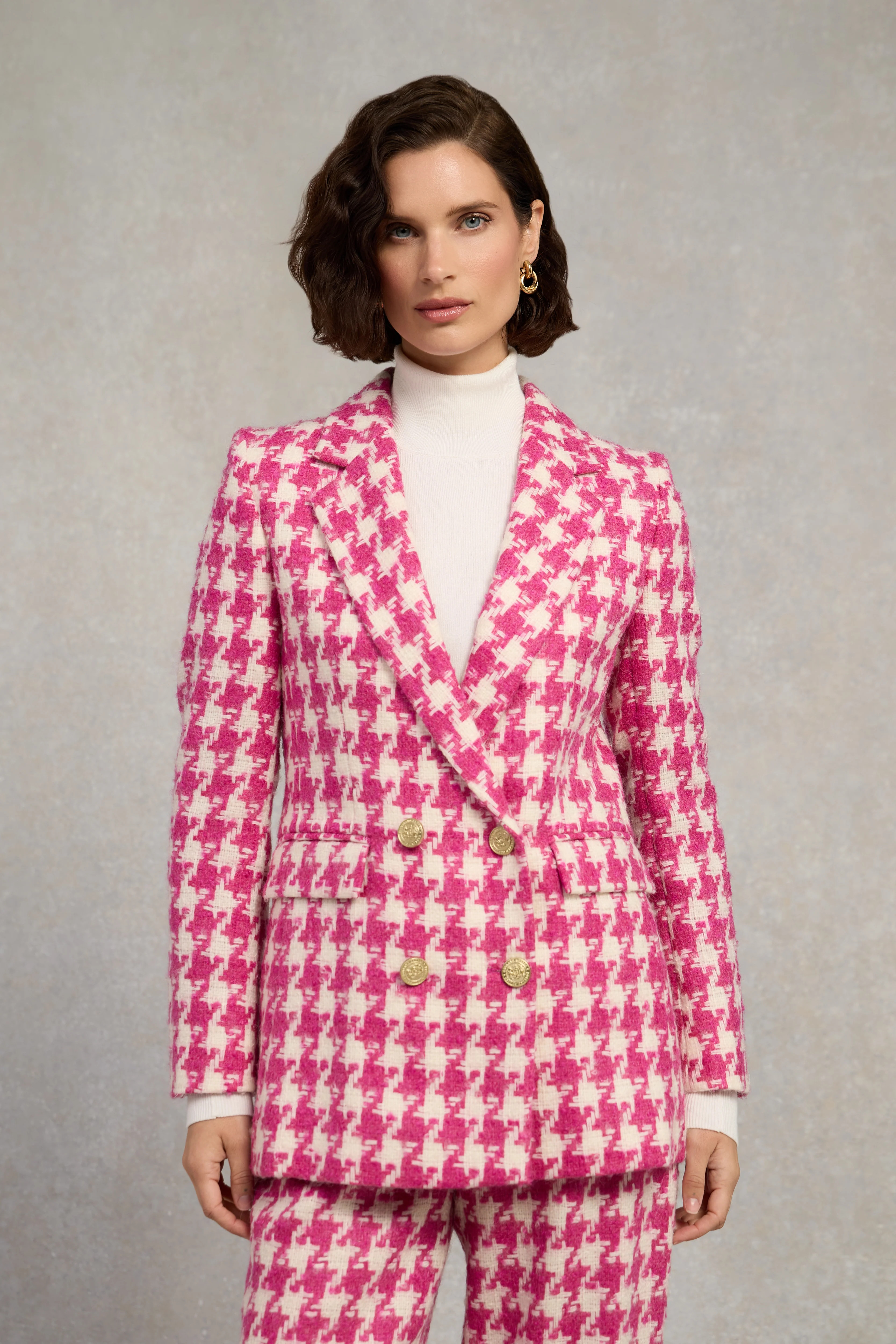 Double Breasted Blazer (Hot Pink Large Scale Houndstooth) | Holland Cooper