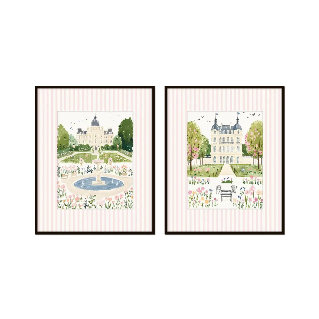Pink Striped Paris Print Set No. 3, France Cottage Decor, Paris Travel Prints, Paris Nursery Art,... | Etsy (US)