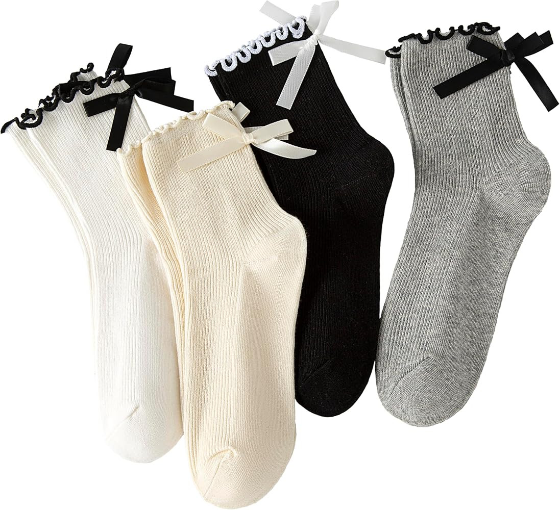 Womens Bow Socks Ruffle Casual Crew Black Whitte Soft Breathable Cotton 4 Pairs Socks | Amazon (US)