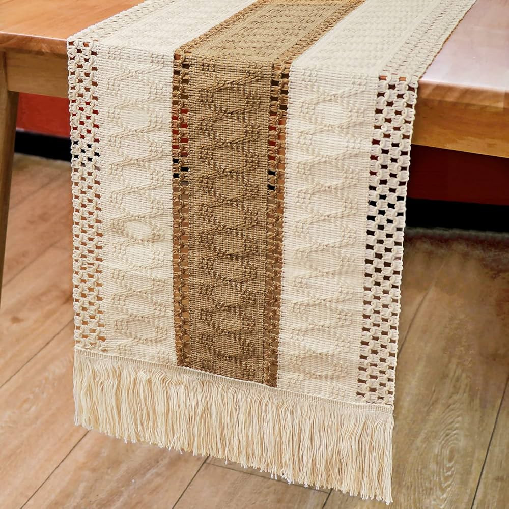 AerWo Macrame Table Runner Splicing Cotton and Burlap Table Runner, Woven Table Runner Farmhouse ... | Amazon (US)