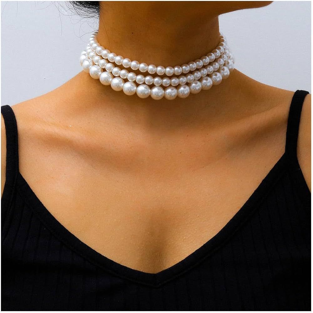 Prosy Layered Pearl Choker Necklace Adjustable Collar Necklaces for Women and Girls | Amazon (UK)
