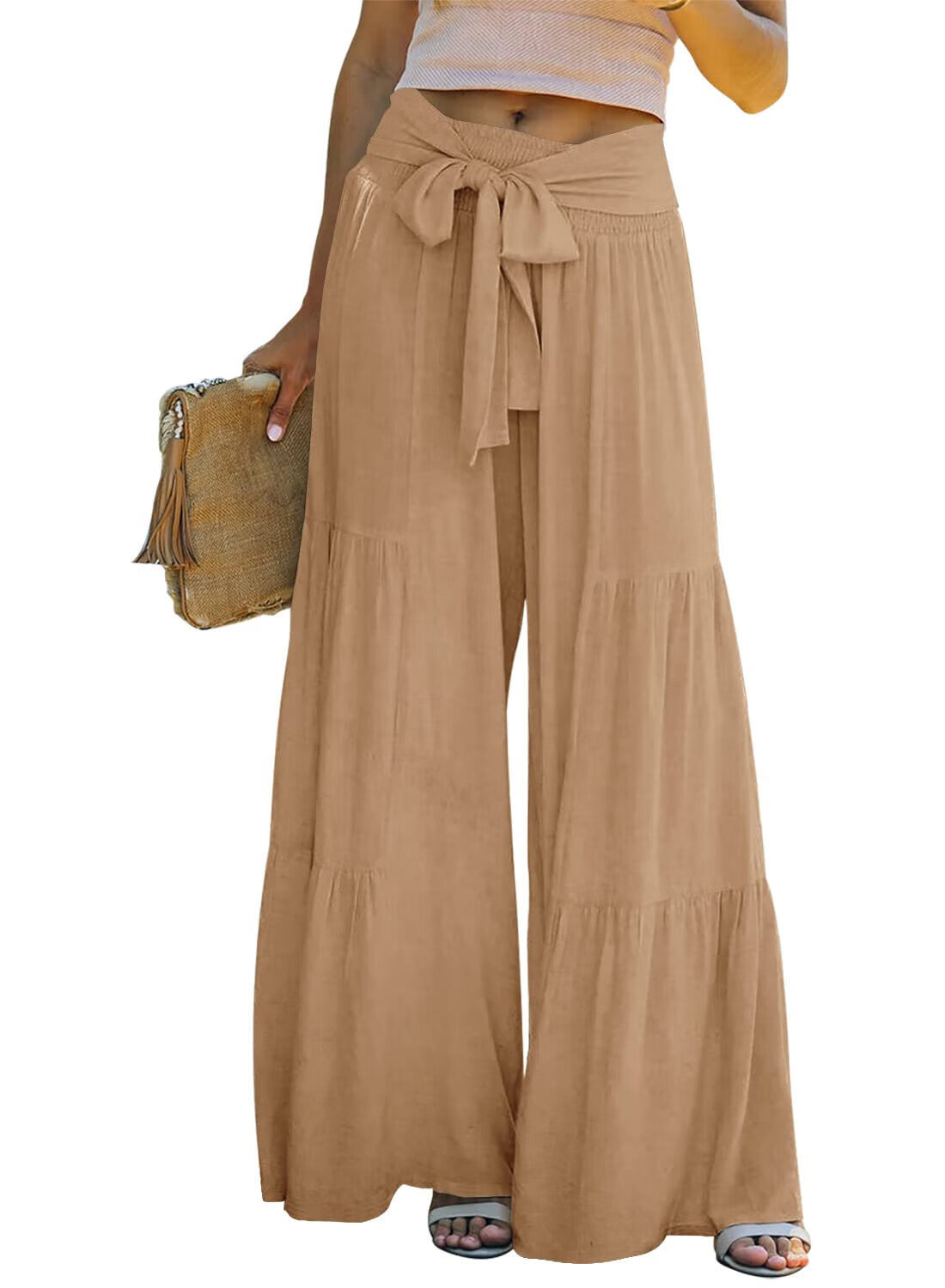 Womens Wide Leg Palazzo Lounge Pants High Waist Smocked Beach Pants Linen Casual Tiered Trousers,... | Walmart (US)