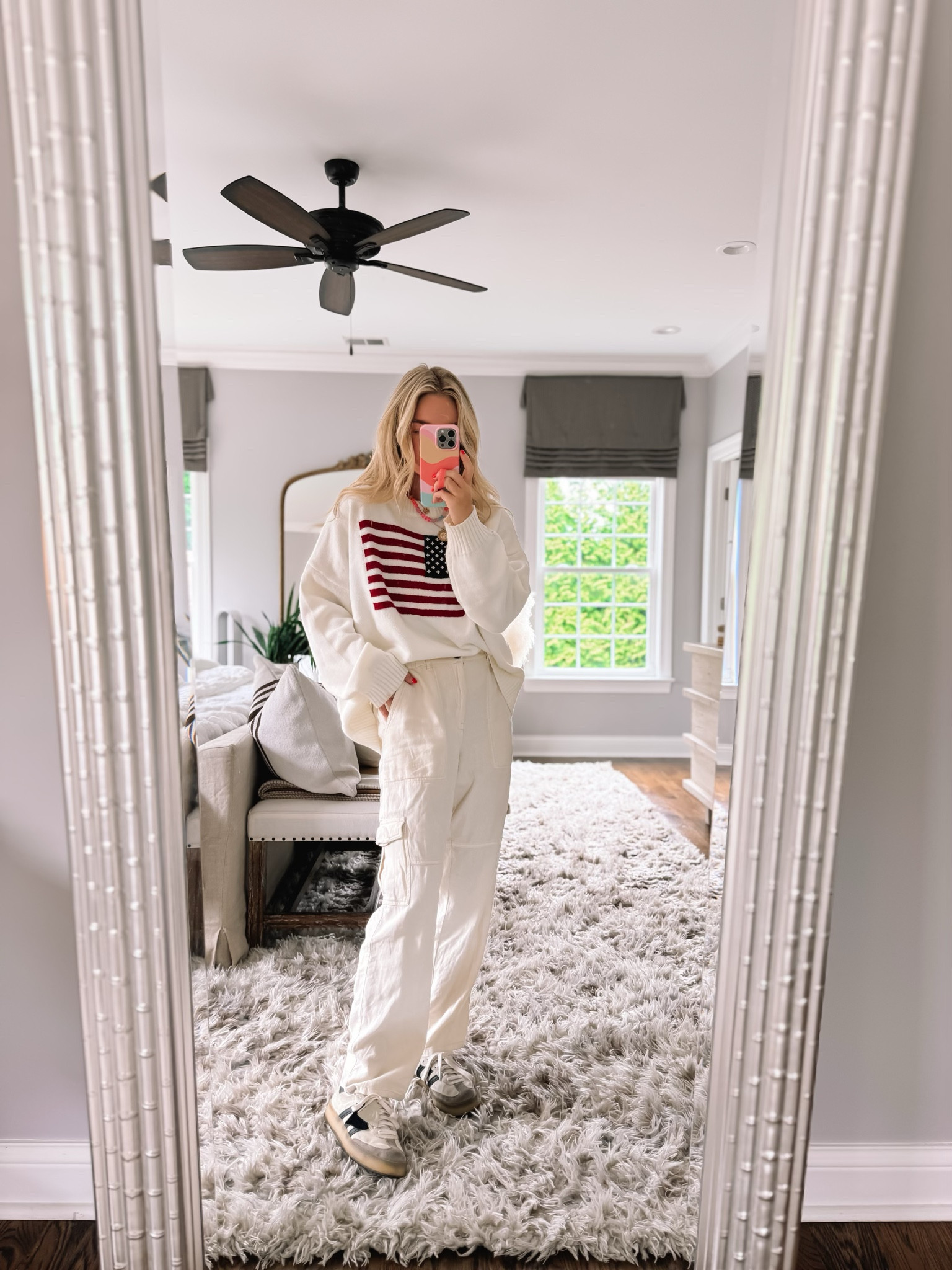 4th do July outfit inspo! 

Red white and blue outfit, 4th of July, American flag sweater, white cargo pants, sneakers

#LTKstyletip #LTKfindsunder50 #LTKfindsunder100