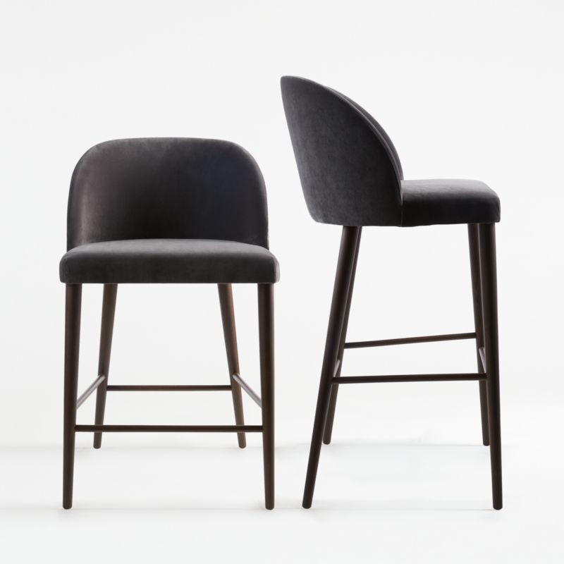Camille Anthracite Velvet Bar Stools | Crate and Barrel | Crate & Barrel