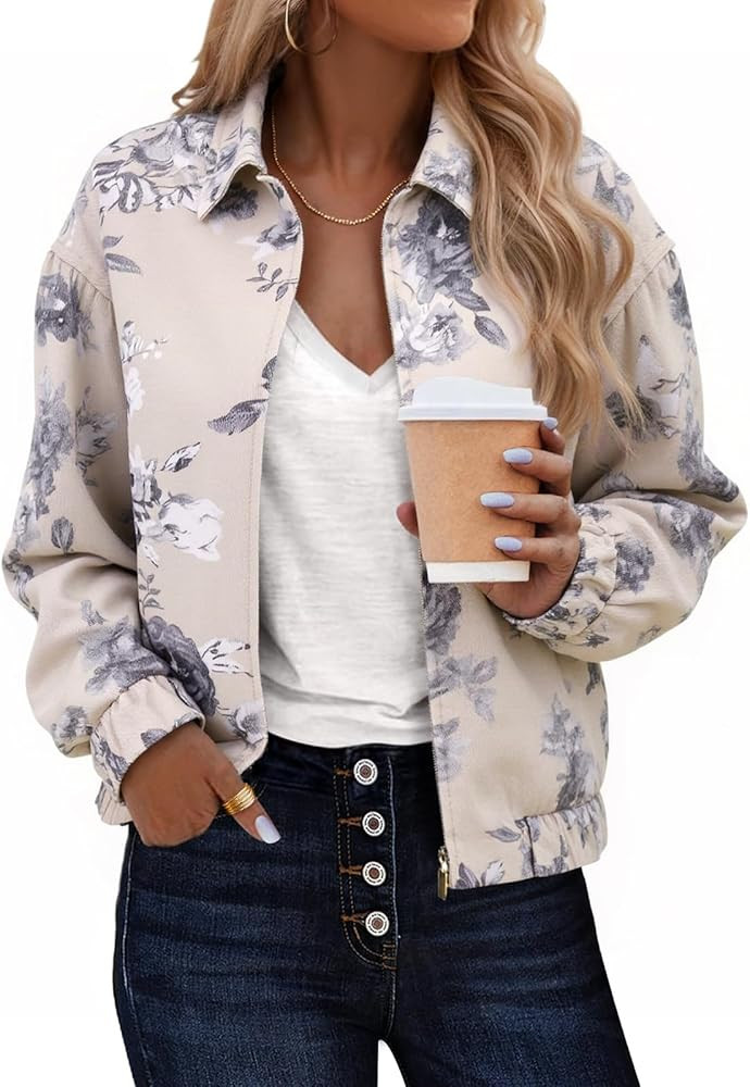 Cicy Bell Womens Floral Zip Up Bomber Jackets Cropped Long Sleeve Denim Coats Trendy Casual Colla... | Amazon (US)