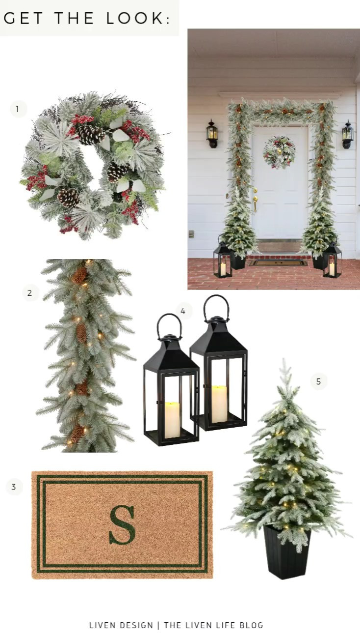 Christmas front door. Christmas wreath. Frosted wreath. Flocked wreath. Garland. Outdoor lanterns. Prelit fir trees. Porch tree. Doormat. Coir welcome mat. 

#LTKHoliday #LTKSeasonal #LTKHome