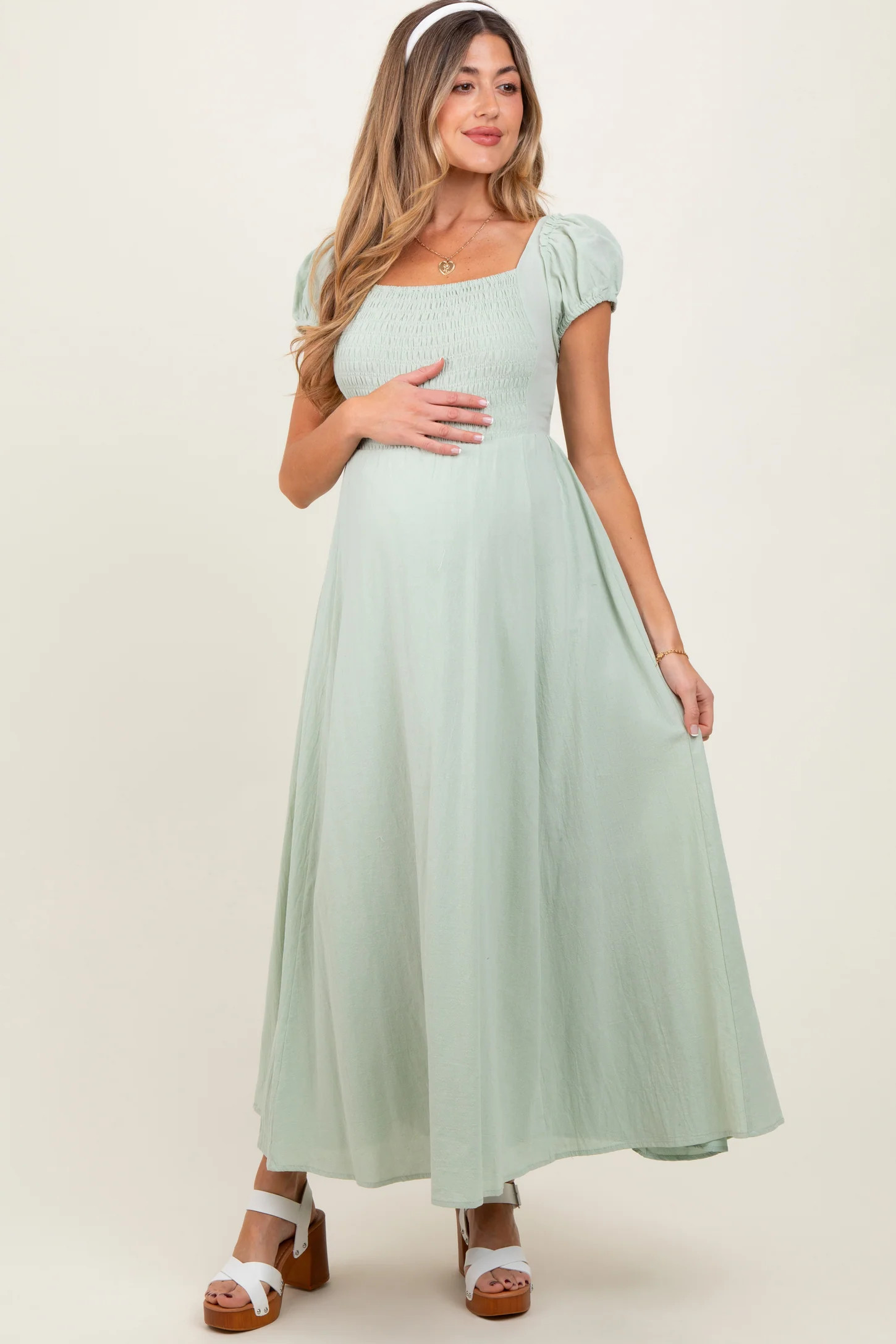 Mint Square Neck Smocked Top Criss Cross Back Tie Maternity Maxi Dress | PinkBlush Maternity