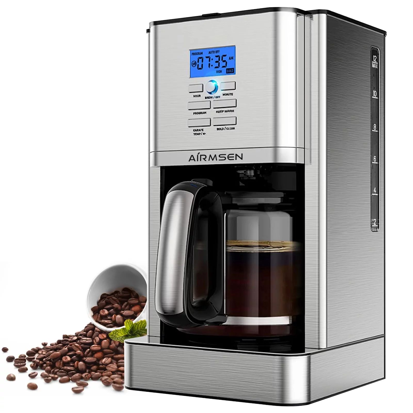 AIRMSEN Stainless Steel 12 Cup Drip Coffee Maker, Programmable Coffee Machine Self-Cleaning | Walmart (US)