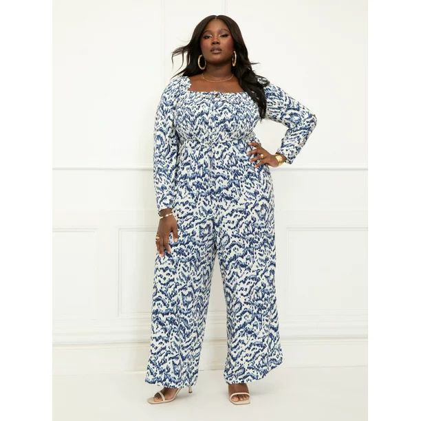 ELOQUII Elements Women's Plus Size Tie Neck Jumpsuit | Walmart (US)