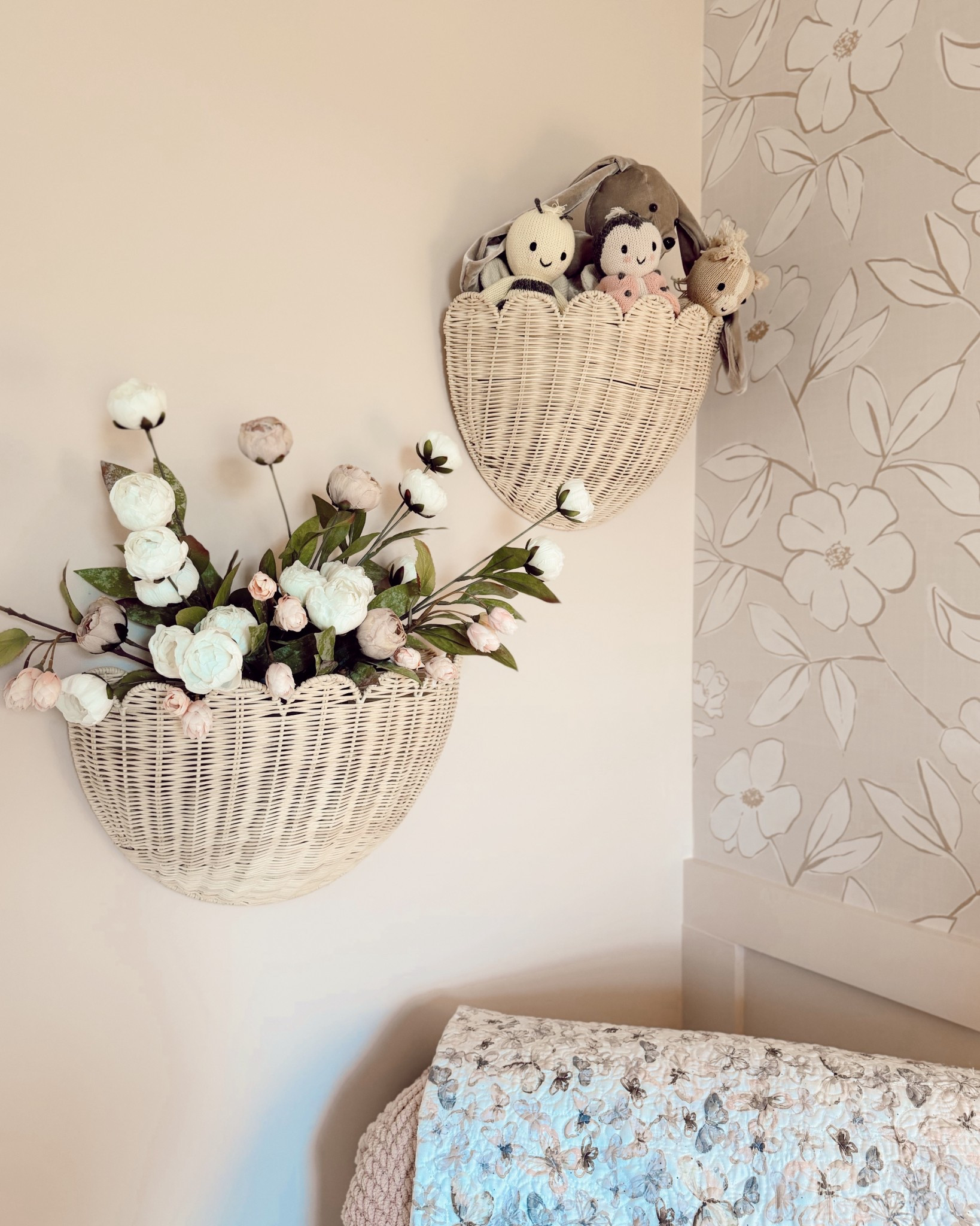 Cutie hanging wooven baskets paired with these viral Michale’s peonies + some cuddle and kind handmade stuffies! And a thoughtful gift from a friend who handmade a bear with the fabric from our wedding bridesmaids dresses 🥹🥹🥹 handmade blanket / quilt by my grandma 💕

@walmart @amazon @Michaels 

#LTKU #LTKHome #LTKBaby