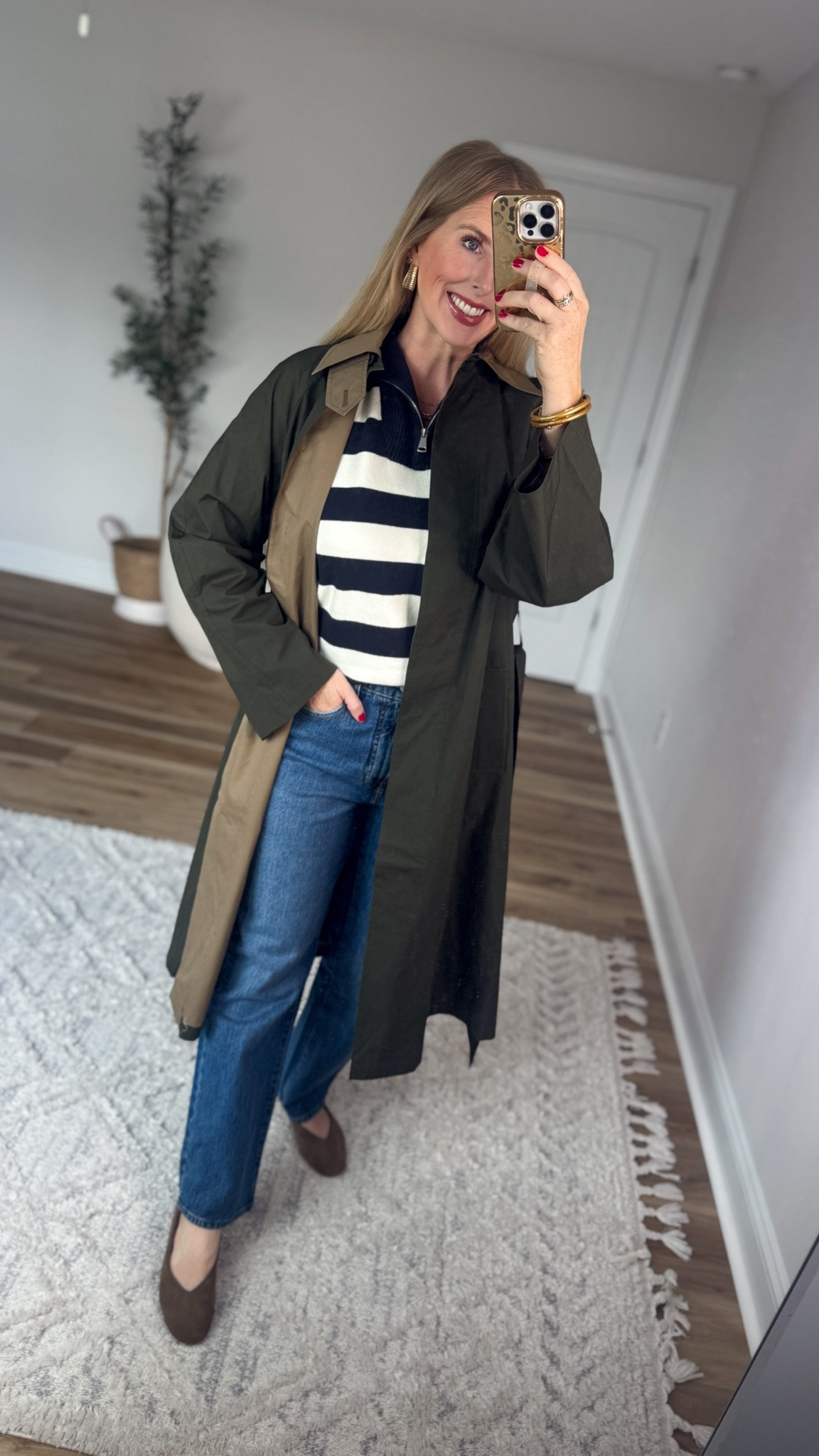 Weekend Walmart Wins try on
Green trench jacket- small
Navy striped quarter zip pullover- medium 
Straight leg jeans- 6

#LTKootd