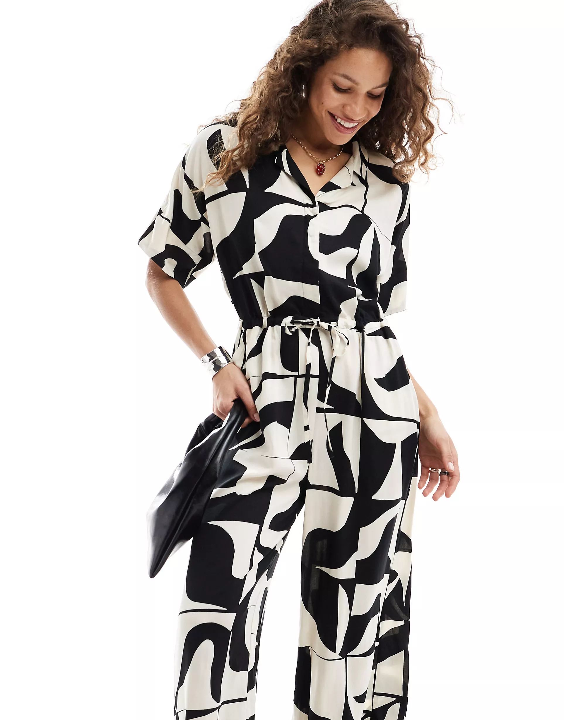 Monki tie waist jumpsuit in black and white puzzle print | ASOS | ASOS (Global)