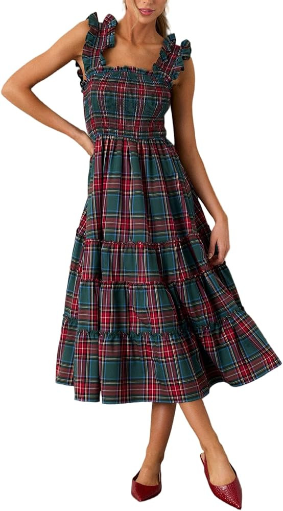 Women Christmas Plaid Ruffle Maxi Dress Fall Gingham Sleeveless Smocked Dress Holiday Checkered F... | Amazon (US)