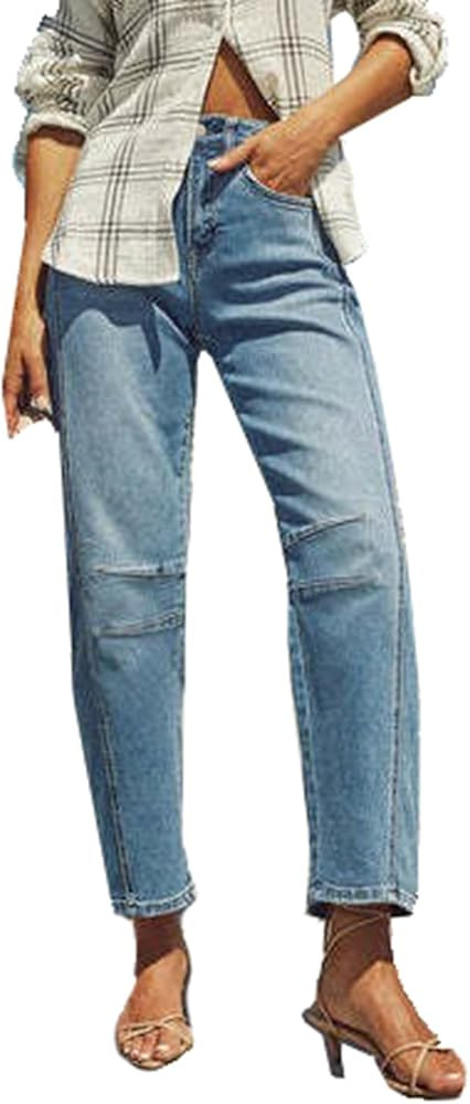 cffvdiz Women's Casual Baggy Mid Rise Barrel Jeans Boyfriend Ankle Denim Pants | Amazon (US)