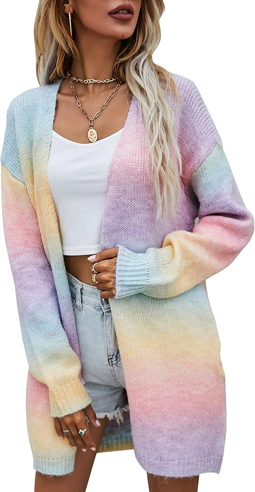 ECOWISH Women's Casual Open Front Knit Cardigans Long Sleeve Colorful Sweater Coat with Pockets a... | Amazon (US)