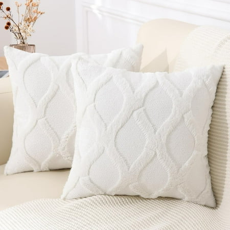 decorUhome Decorative Throw Pillow Covers 18x18 Set of 2, Soft Plush Faux Fur Wool Pillow Covers for Couch, Cream White | Walmart (US)