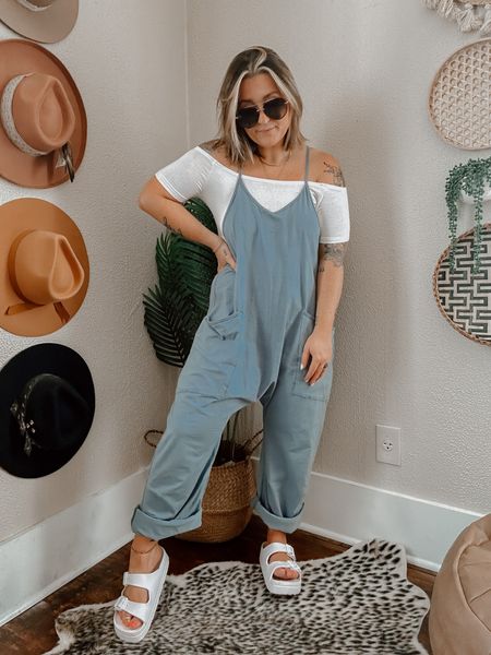 Casual every day summer outfit idea - summer errands outfit idea - 4th of July outfit idea 

Free people hot shot onesie dupe from amazon under $30 (small, 5’1)

Paired with white off the shoulder tee (med) and white platform two strap comfy walking sandals (tts) 

#LTKstyletip #LTKSeasonal #LTKFind