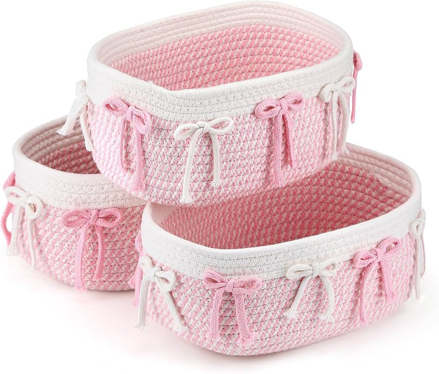 Geelin 3 Pcs Pink Bow Baskets for Gift Cute Coquette Woven Rope Gift Baskets Rectangle Shelf Orga... | Amazon (US)
